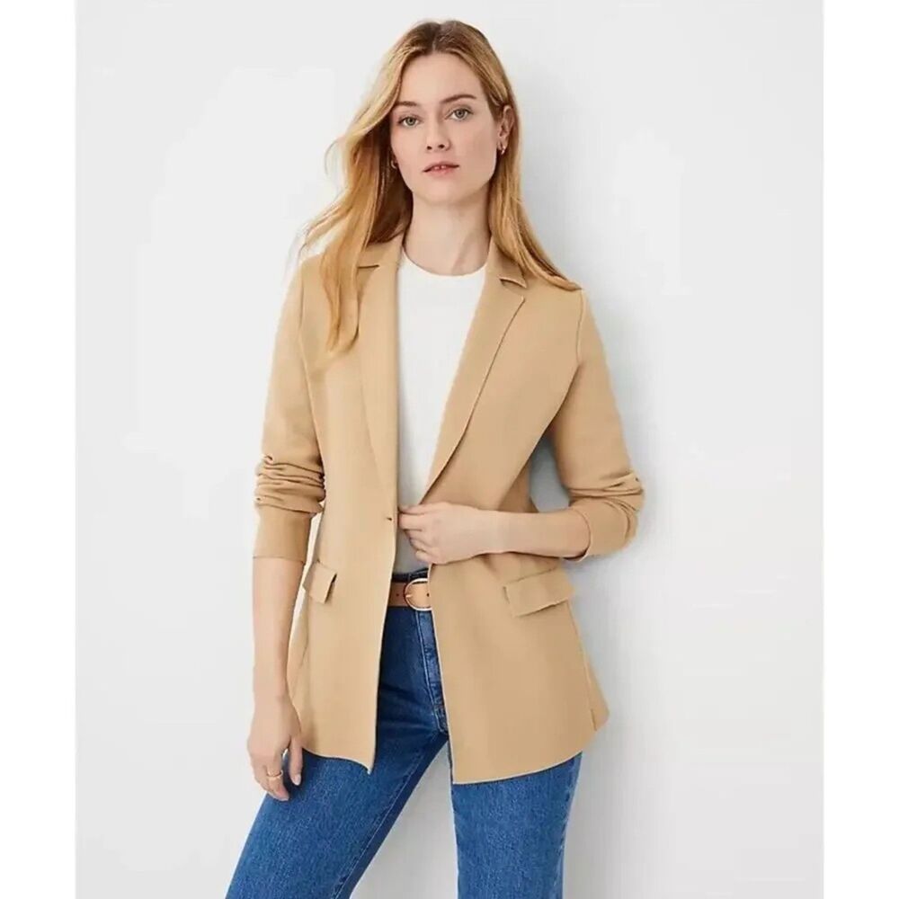 Ann Taylor Knit Blazer Jacket Tan Pockets Career Office Preppy Women sz XLP